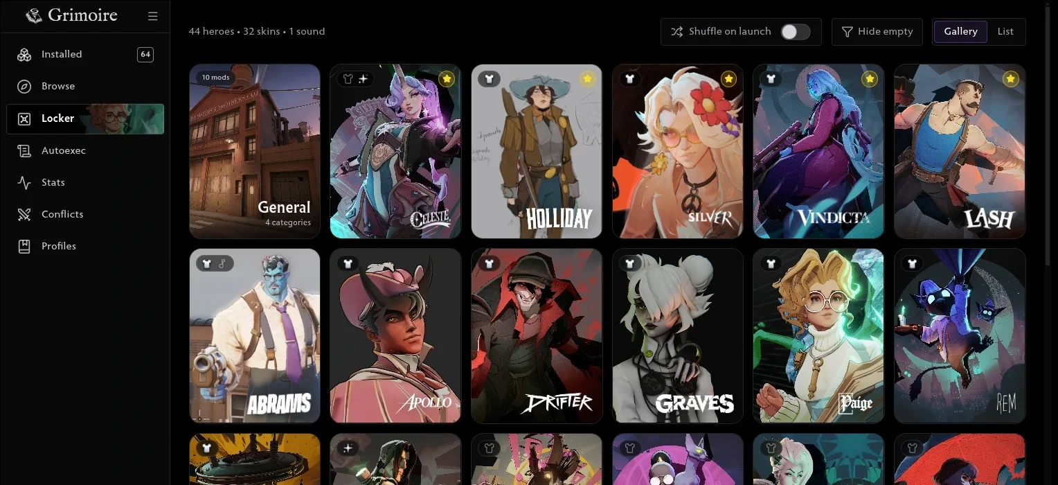 Grimoire's Locker: a grid of hero cards, each showing the skin picked for that hero